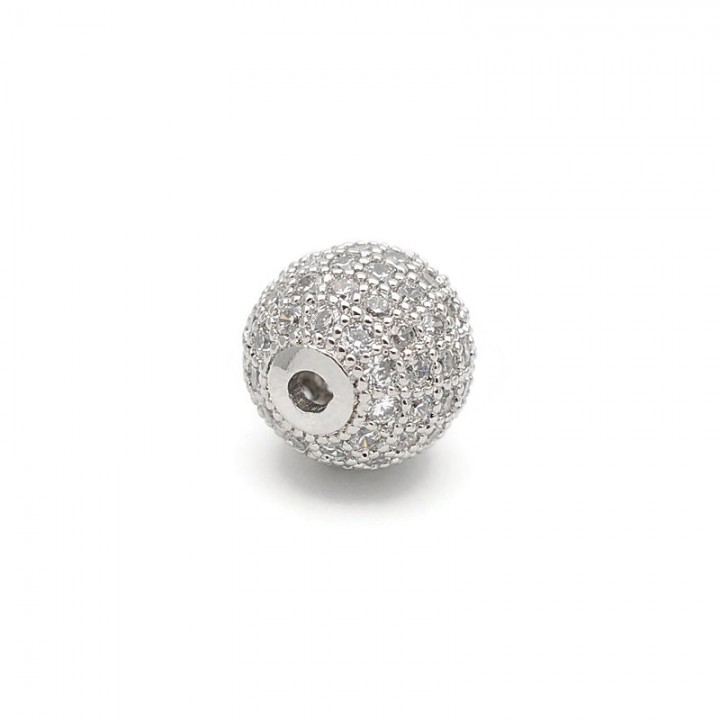 Bead Ball 10mm inlaid cubic zirkonia, color platinum