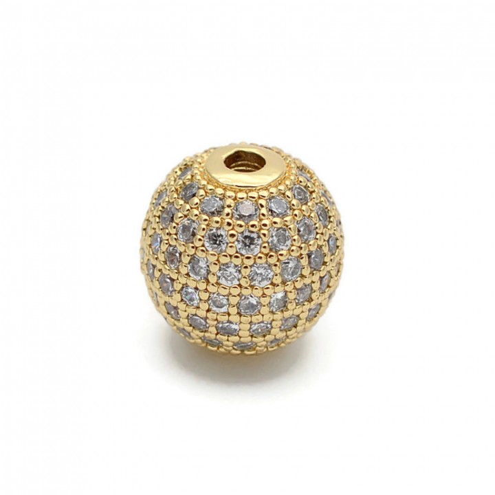 CZ Brass Micro Pave Clear Color 12mm Round Beads, 18K gold plated