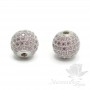 Bead Ball 10mm with pink cubic zirkonia, color platinum