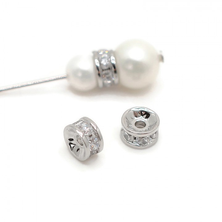 Rondelle Beads 6mm with cubic zirkonia, rhodium plated