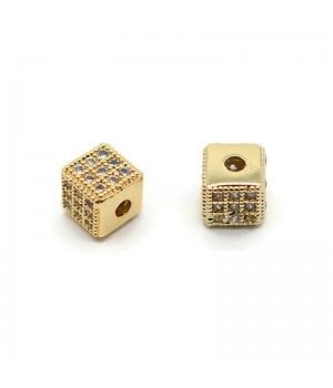 Bead Cube 6mm with cubic zirkonia, gilding 18K
