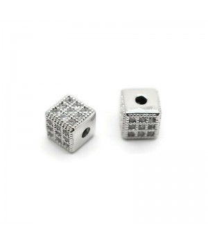 Bead Cube 6mm with cubic zirkonia, color platinum