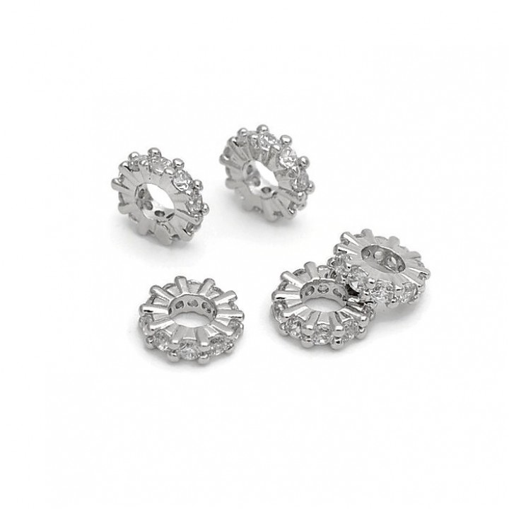 Бусина Рондель 6.5:2мм с фианитами, родиевое покрытие