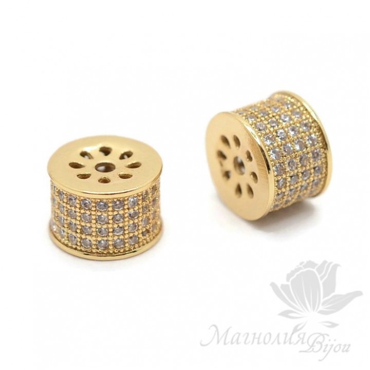Bead "Cylinder" cubic zirconia inlay, 18K gold plated