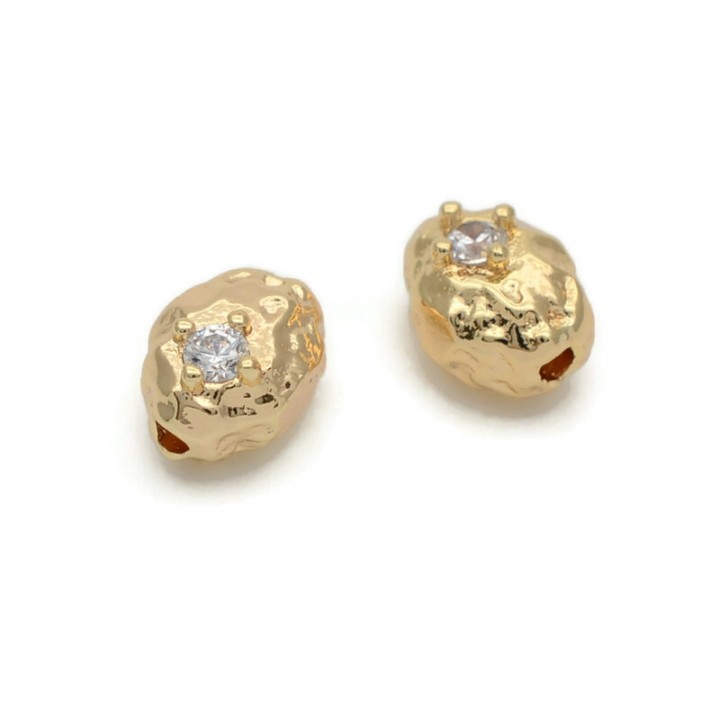 Oval Brass Beads 10mm cubic zirconia, 18K gold plated