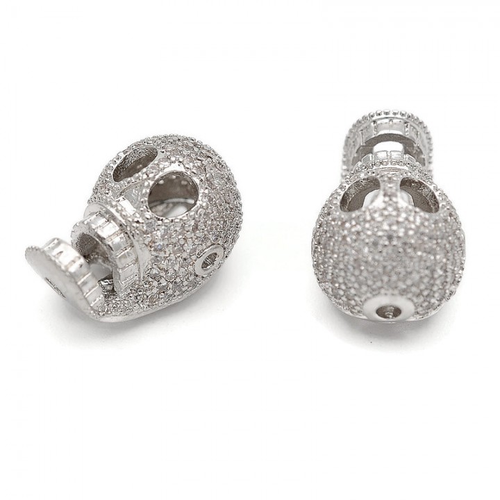 CZ Brass Micro Pave Clear Color Scull Beads, platinum plated