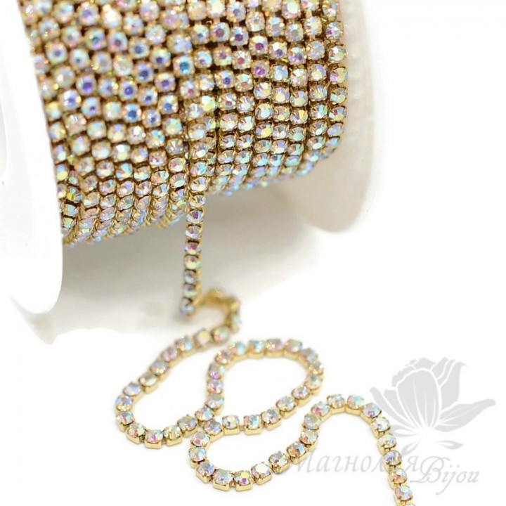 Strass chain "Crystal AB" 2mm(50cm), gold plated