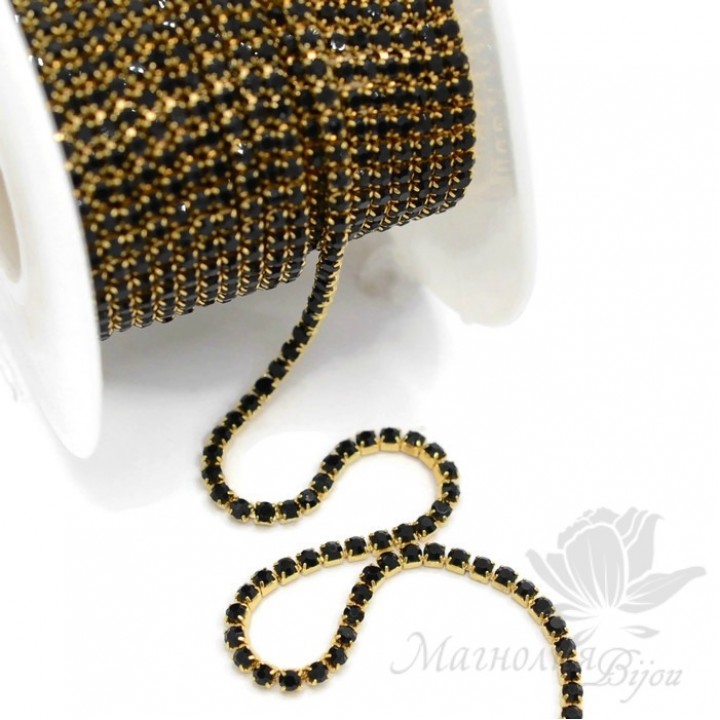 Strass chain "Black" 2mm(50cm), gold plated