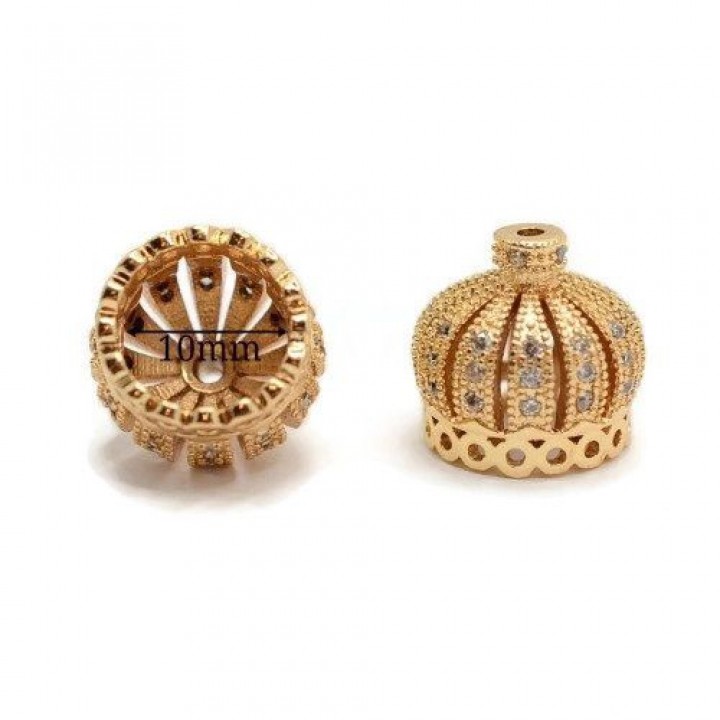 Brass Cubic Zirconia Bead Caps Crown 13mm, 18K gold plated