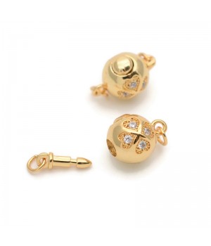 Cierre Bola Trébol 9mm con circonitas, baño de oro 18K
