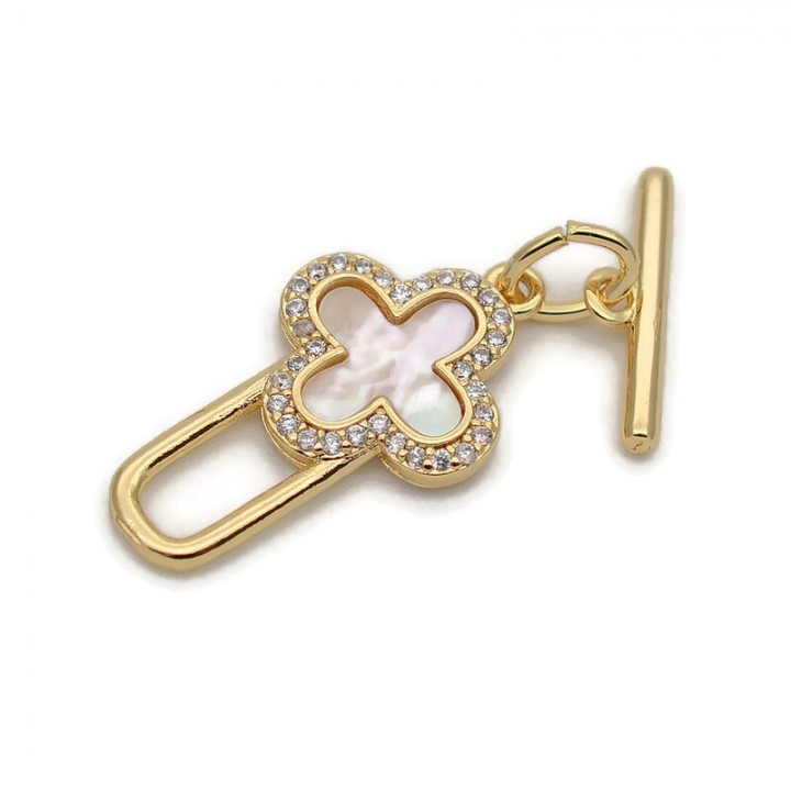 Brass Togle clasp Clover with mother of pearl, 18K gold plated