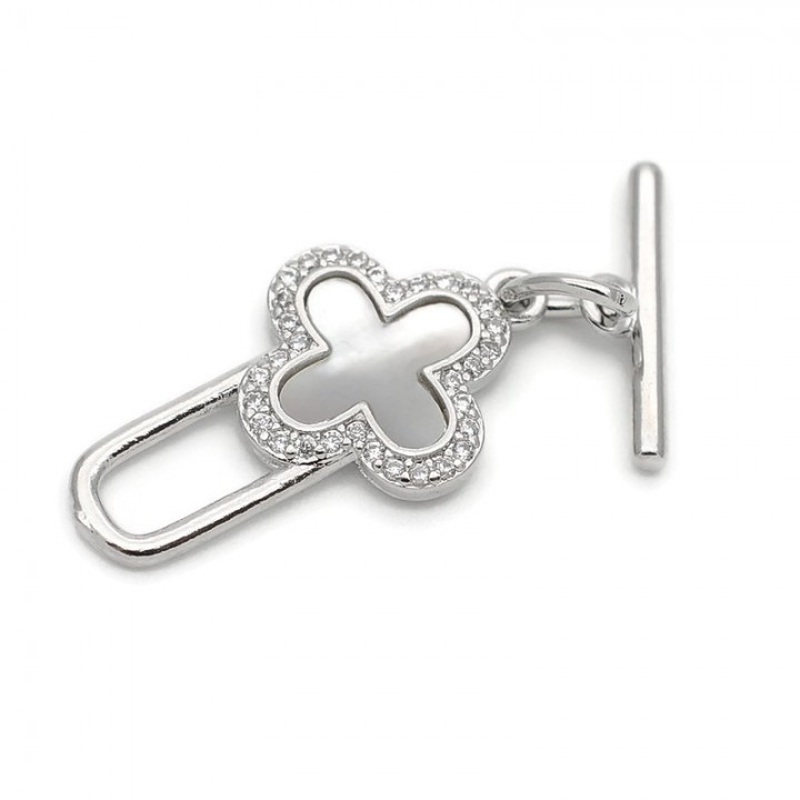 Brass Togle clasp Clover with mother of pearl, rhodium plated