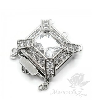 Square clasp with large cubic zirkonia for 3 strands, platinum color
