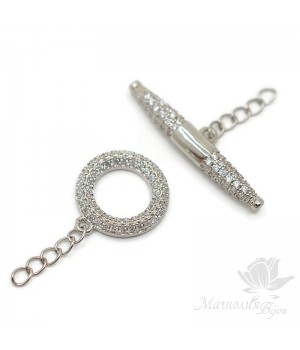 Toggle clasp with cubic zirkonia Round 13.5mm, platinum color