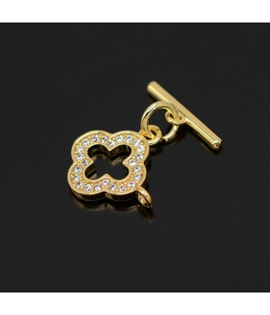 Brass Micro Pave Cubic Zirconia Togle clasp Clover 14mm, 18K gold plated