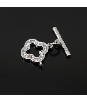 Brass Micro Pave Cubic Zirconia Togle clasp Clover 14mm, rhodium plated