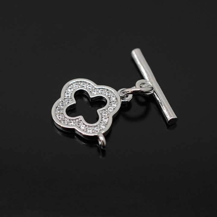 Brass Micro Pave Cubic Zirconia Togle clasp Clover 14mm, rhodium plated