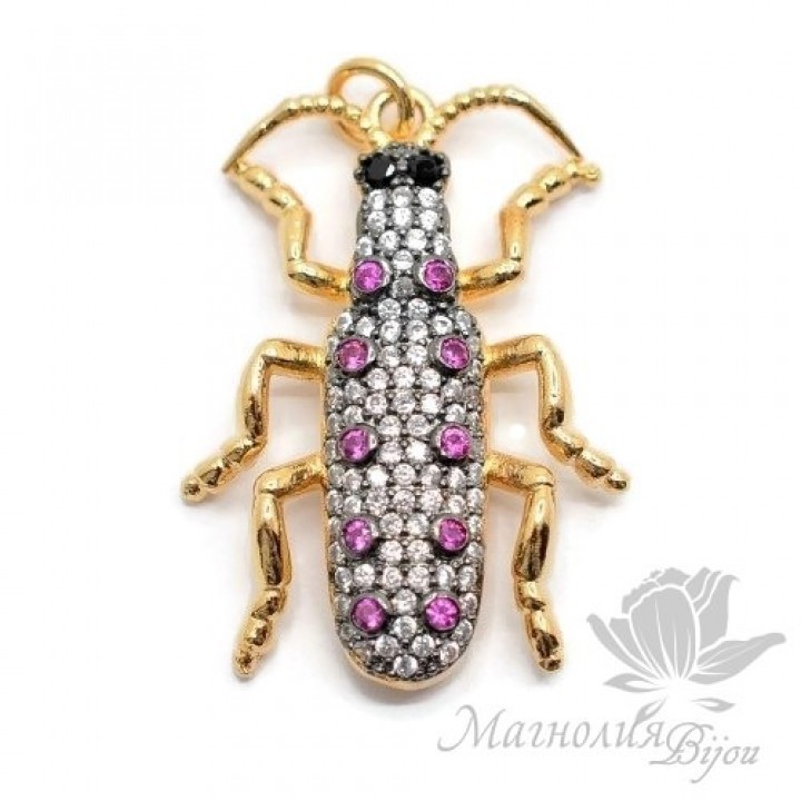 Pendant "Cucaracha" beetle with colored cubic zirkonia, gold color