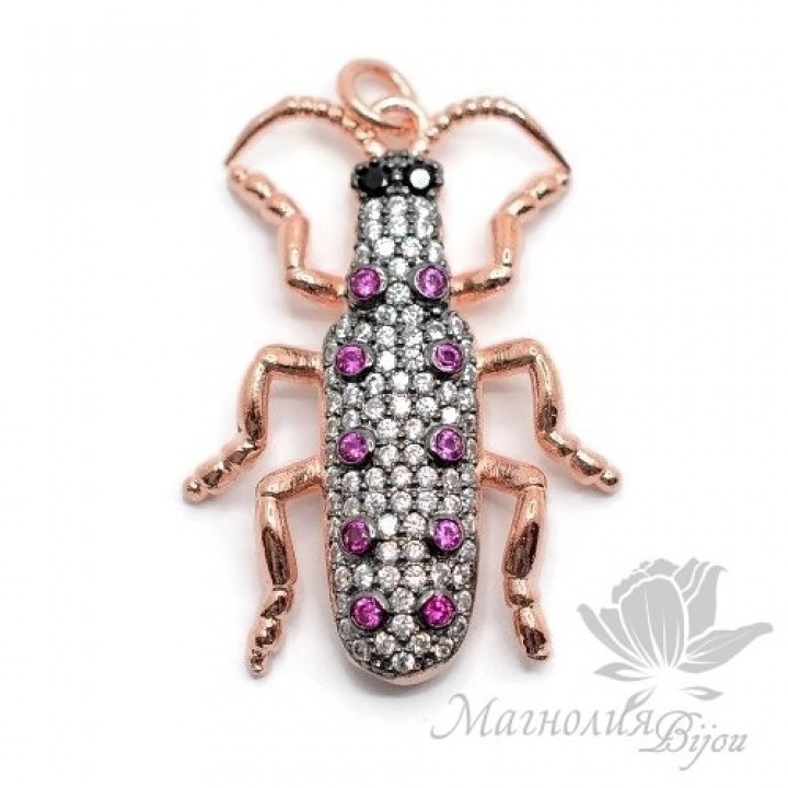 Pendant "Cucaracha" beetle with colored cubic zirkonia, rose gold