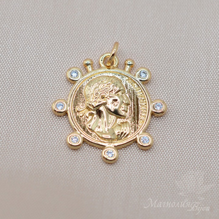 Coin pendant with cubic zirkonia, 18K gold plated