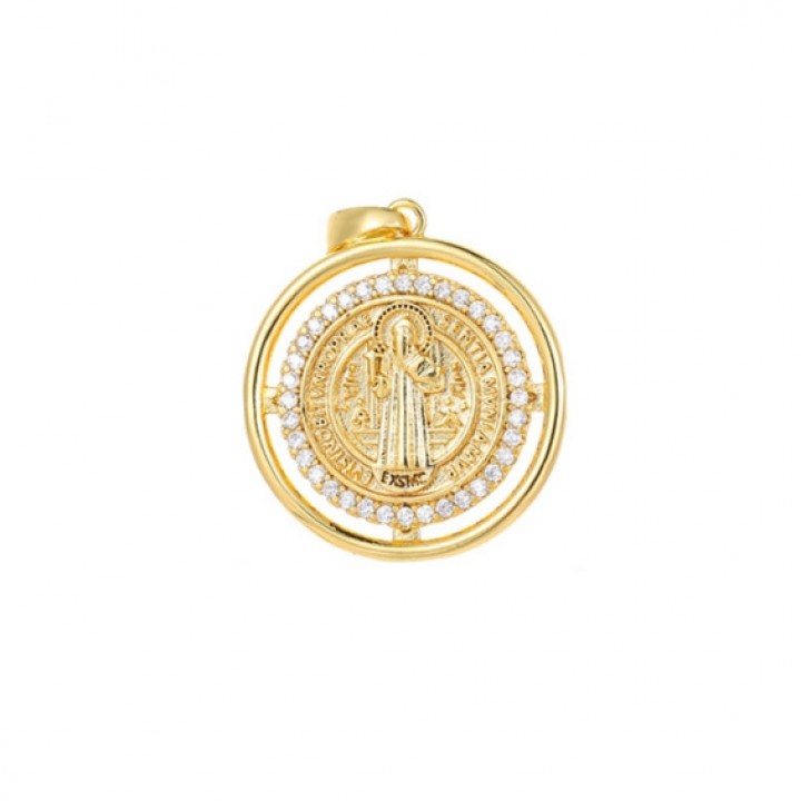 Подвеска медаль с изображением Св.Бенедикта 20мм, позолота 18К