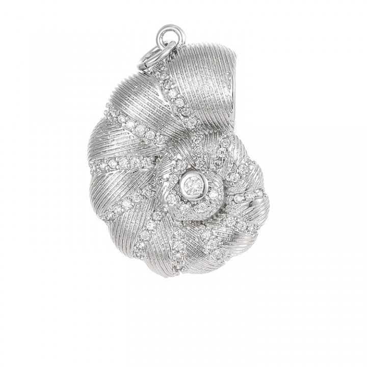 Brass micro pave Ammonite Shell charm pendant, platinum plated