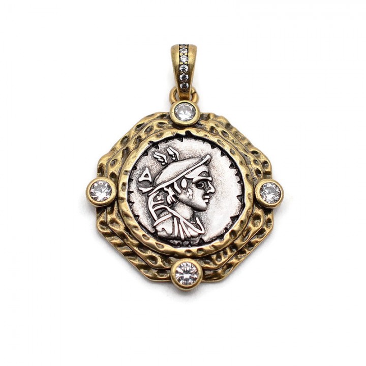 Micro Pave CZ Antique Coin Pendant 25:33mm