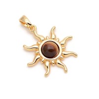 Sun Brass Pendant Natural Tiger eye 19mm, 18K gold plated