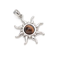 Sun Brass Pendant Natural Tiger eye 19mm, platinum plated