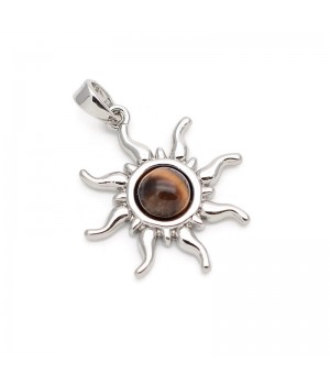 Подвеска Солнце 19мм с Тигровым глазом, родиевое покрытие