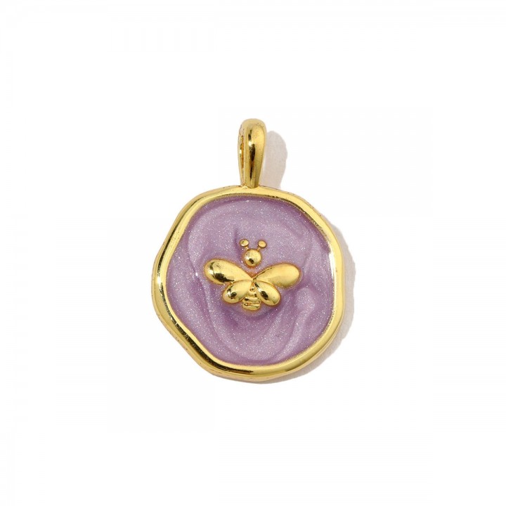 Bee Pendant Charm 14mm violet enamel, 14K gold plated