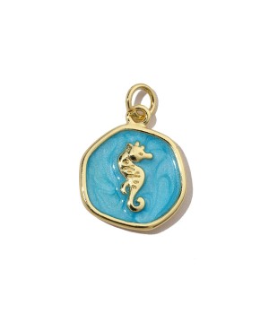 Seahorse pendant charm 15mm blue enamel, 14K gold plated