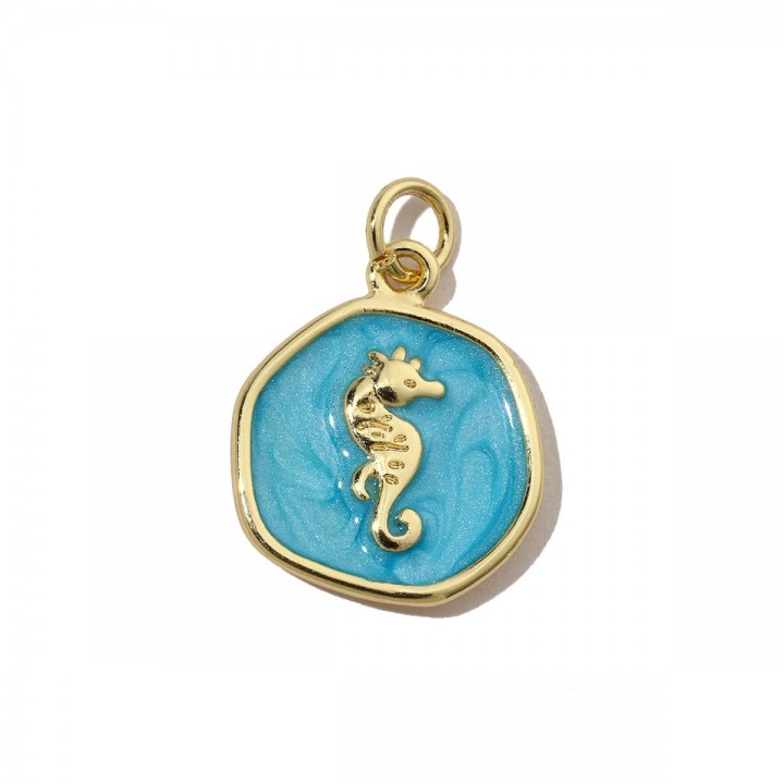 Seahorse pendant charm 15mm blue enamel, 14K gold plated