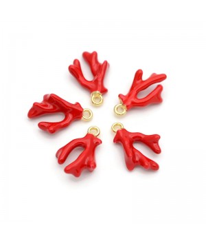 Gold Plated Coral Branch Charm Red Enamel, 1 piece