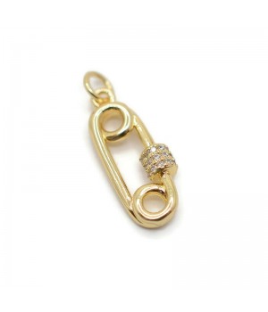 Brass Micro Pave CZ Safety Pin Pendant 22mm 18K gold plated