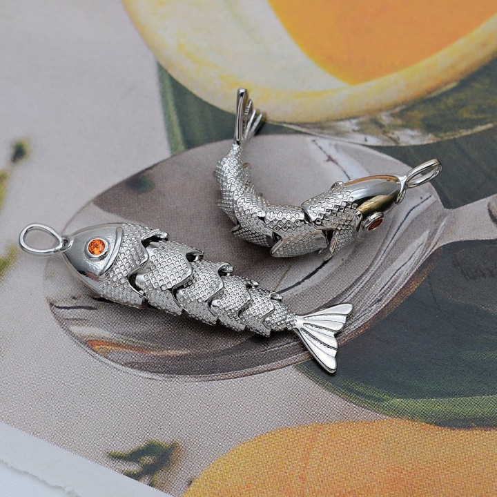 Large Fish Pendant with orange zirconia, platinum plated