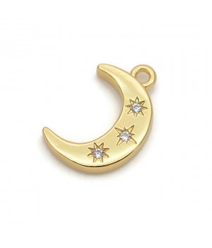 Brass Charms Moon 16mm with cubic circonia, 18K gold plated