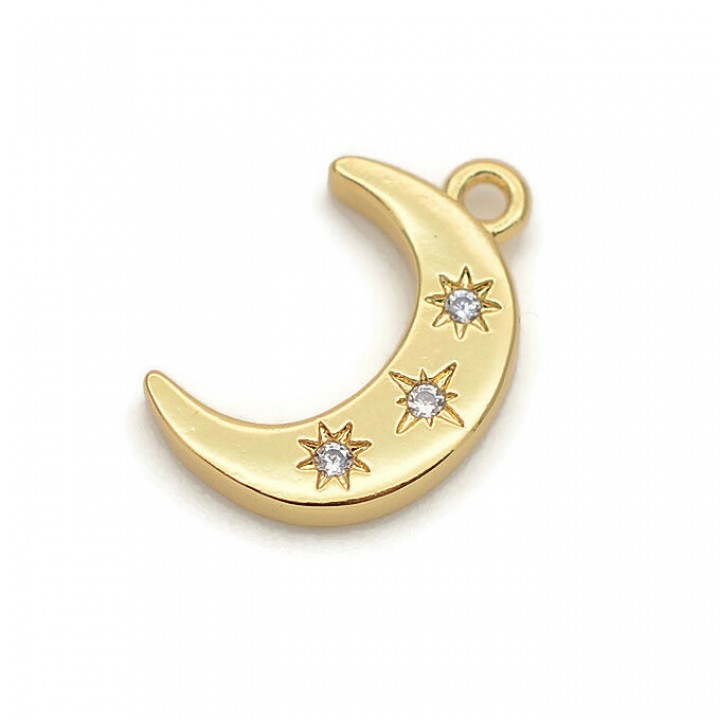 Brass Charms Moon 16mm with cubic circonia, 18K gold plated