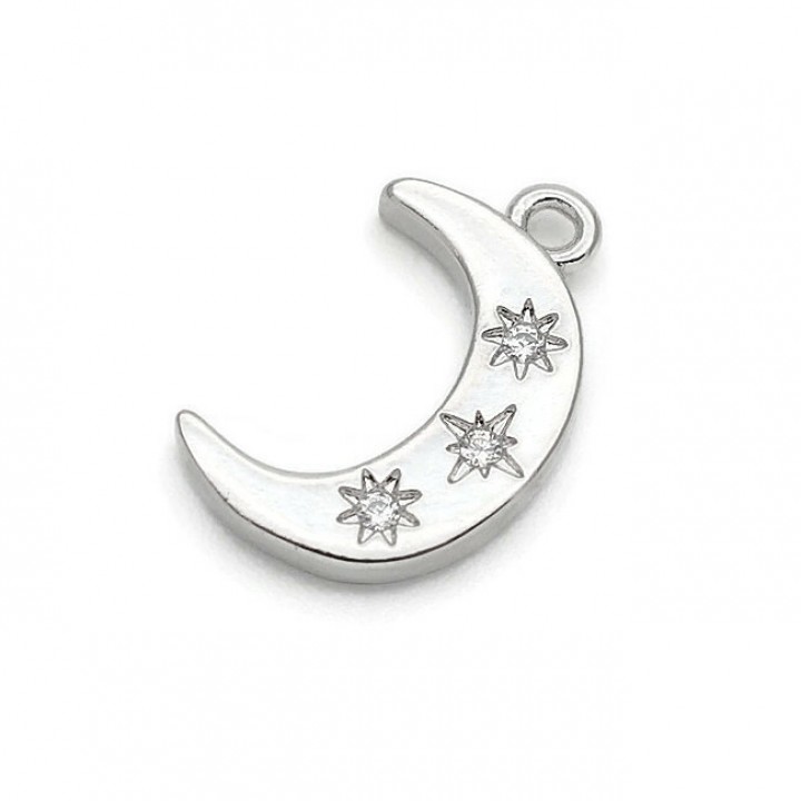 Brass Charms Moon 16mm with cubic circonia, platinum plated