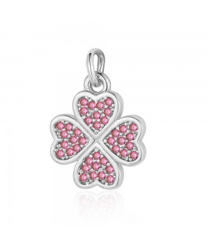Brass micro pave Clover charm pendant 11.5mm color fuchsia, rhodium plated