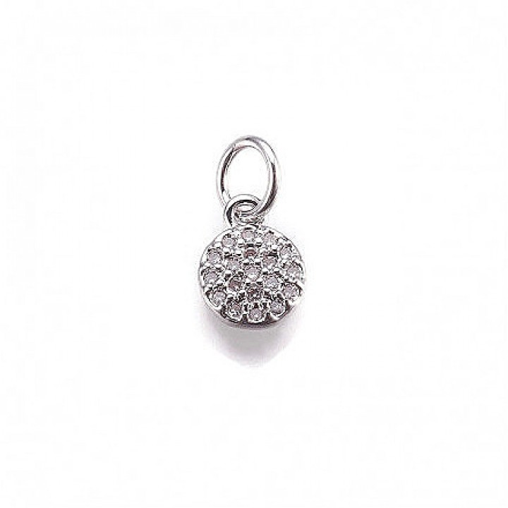 Brass Micro Pave Cubic Zirconia Flat Round Charms 6mm, rhodium plated