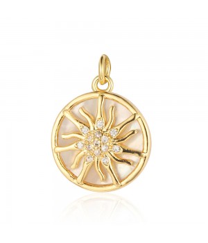 Brass micro pave Sun pendant 15mm with natural shell, 18K gold plated