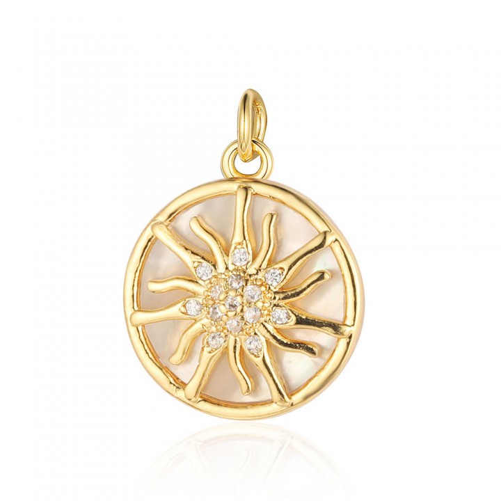 Brass micro pave Sun pendant 15mm with natural shell, 18K gold plated