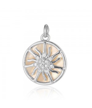 Brass micro pave Sun pendant 15mm with natural shell, platinum plated