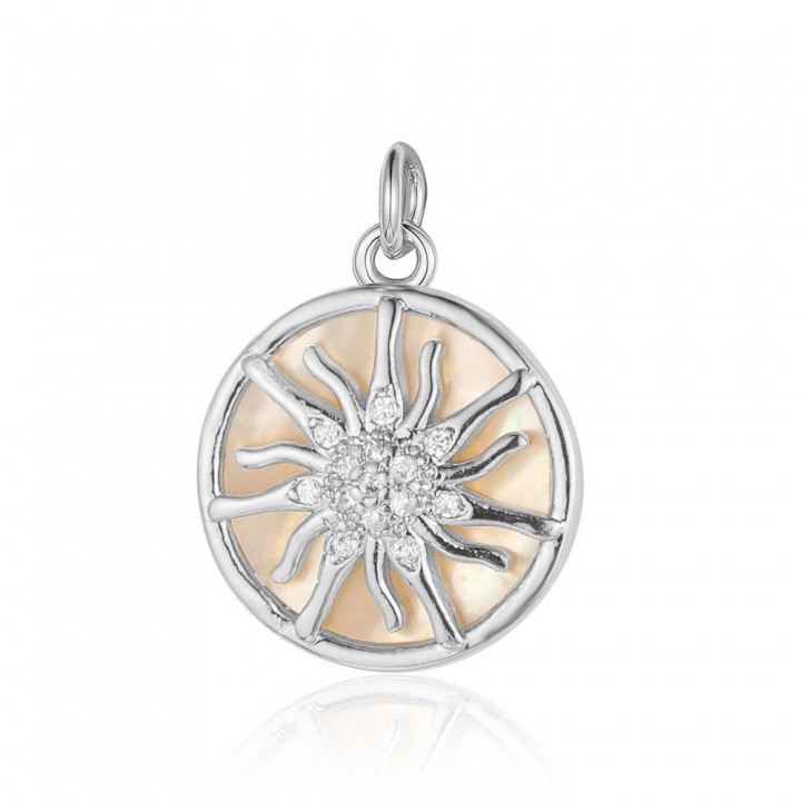 Brass micro pave Sun pendant 15mm with natural shell, platinum plated