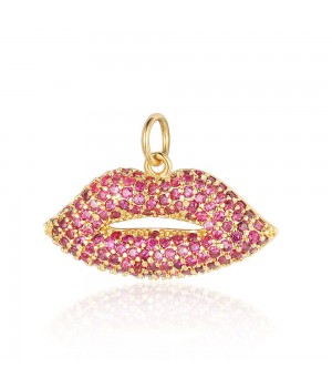 Colgante Labios 25mm circonitas fucsia, dorado 18K