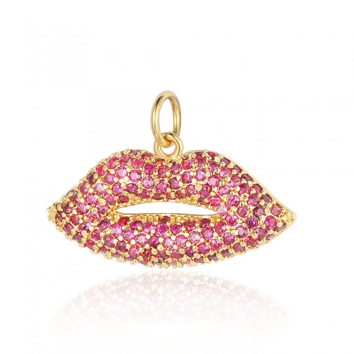 Colgante Labios 25mm circonitas fucsia, dorado 18K