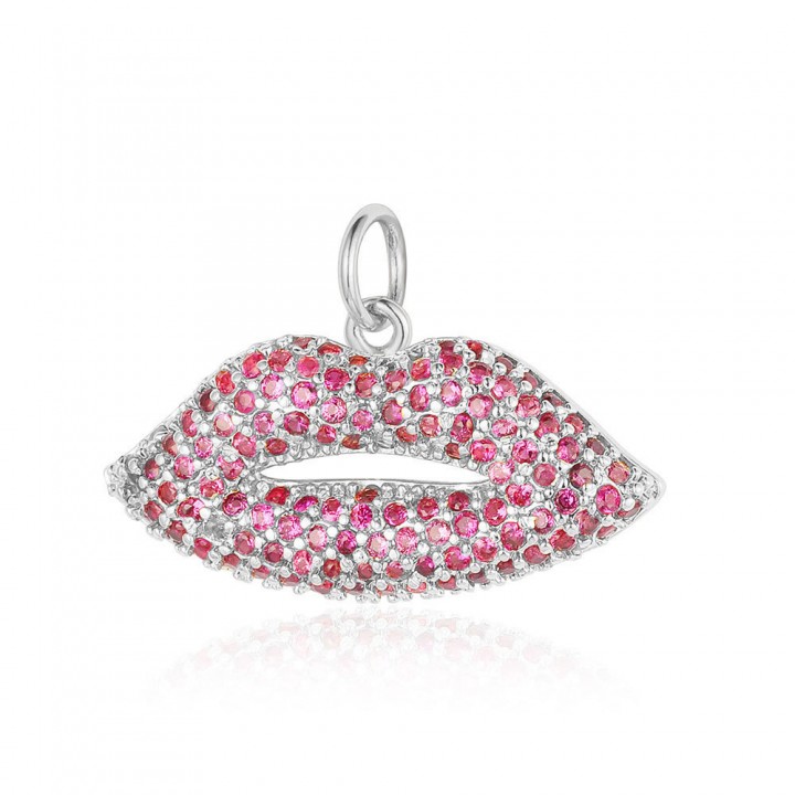 Brass micro pave Lips charm pendant 25mm color fuchsia, platinum plated