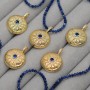 Brass Micro Pave Blue Cubic Zirconia Pendants Flat Round with Sun, 18K gold plated