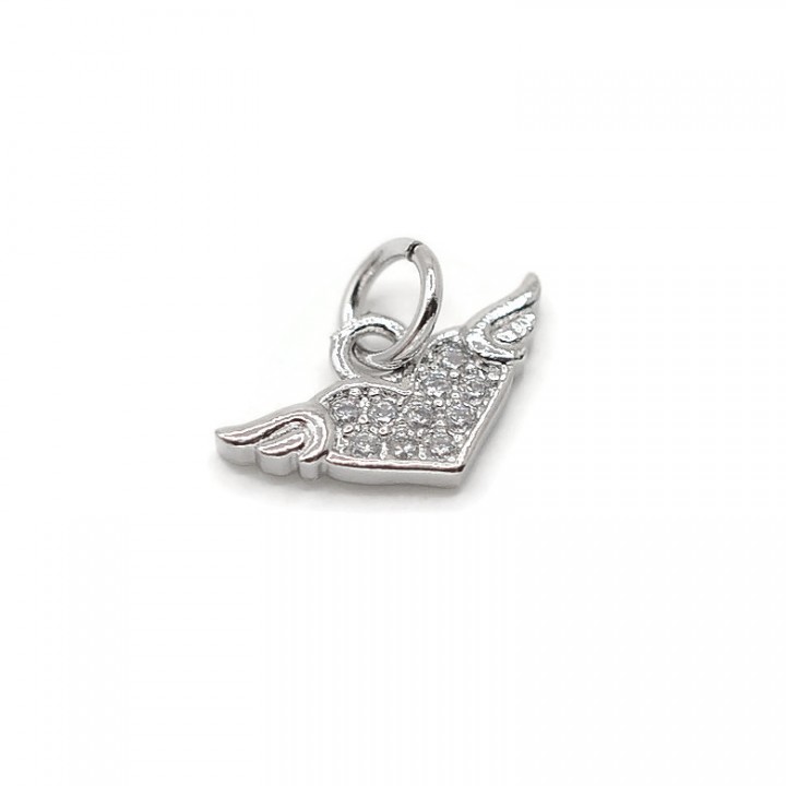 Brass pendant Heart with wings cubic zirkonia, platinum plated